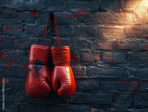 Boxing gloves hanging on a wall in a gym photo