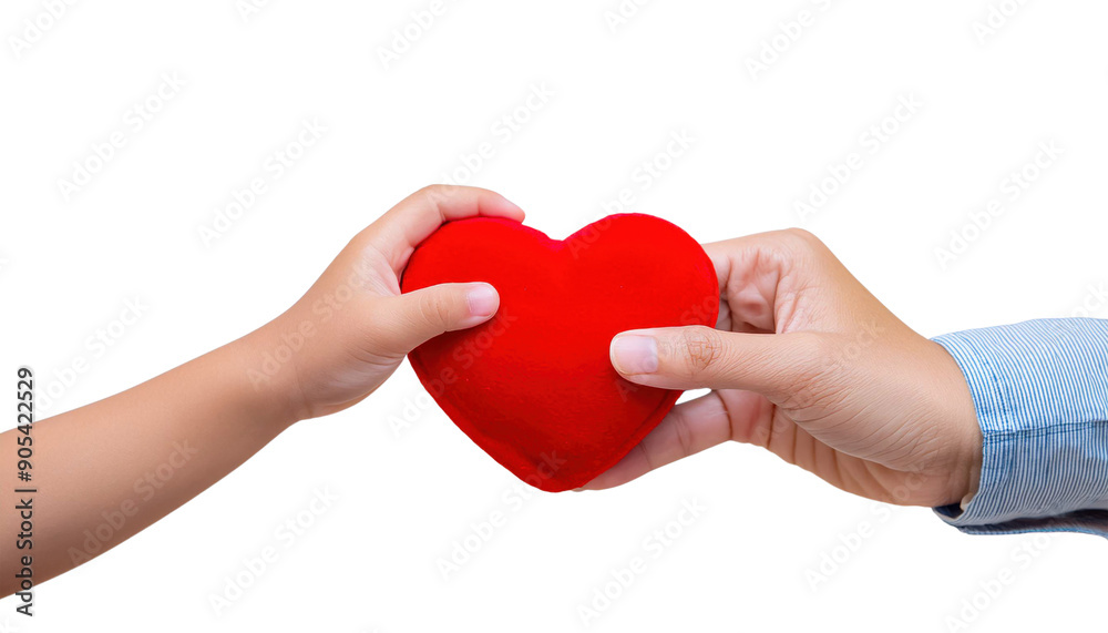Obraz premium adult hand and a child's hand holding a red heart together cut out transparent isolated on white background PNG