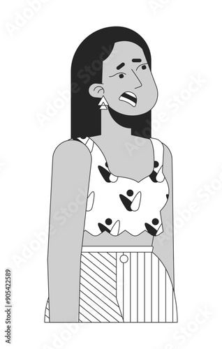 Middle eastern female frightened scared black and white 2D line cartoon character. Arab woman shocked mouth open isolated vector outline person. Anxious astonished monochromatic spot illustration
