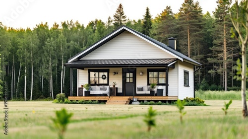 A cozy log cabin features large windows and a deck, nestled among trees and well-kept gardens under a clear blue sky