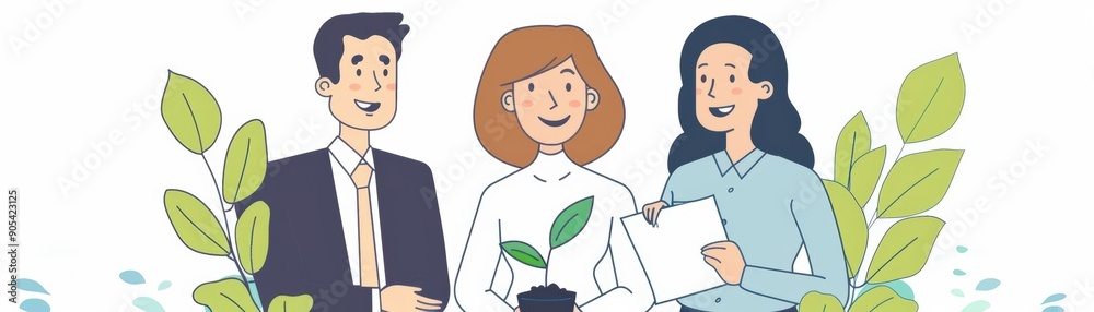 A cute cartoon of businesspeople discussing sustainable investment A cute cartoon of businesspeople discussing sustainable investment