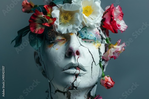 Portrait featuring a person with a cracked porcelain mask, hidden beauty and resilience concept photo