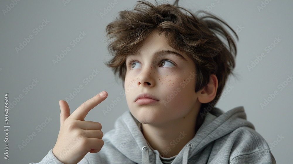 A boy in a gray sweatshirt is pointing to his side with a thoughtful look, the cool gray background emphasizing his contemplative mood A boy in a gray sweatshirt is pointing to his side with a thoughtful look, the cool gray background emphasizing his contemplative mood