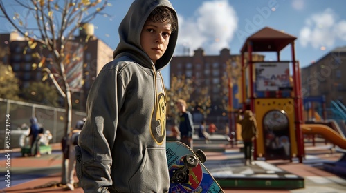 A boy in a hoodie and sweatpants, holding a skateboard with a sports team logo, is standing in a schoolyard with playground equipment and other kids in the background