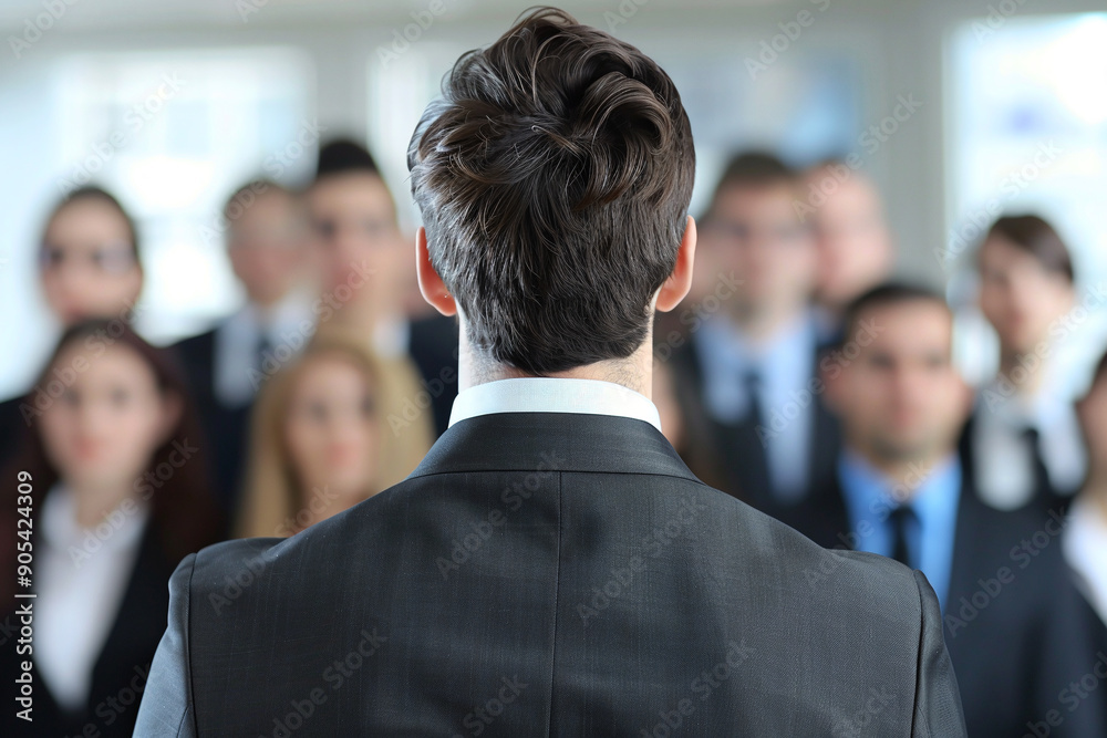 Bussines meeting. Businessman in suit stands facing crowd of colleagues in office. Businessman stands with back to camera Bussines meeting. Businessman in suit stands facing crowd of colleagues in office. Businessman stands with back to camera