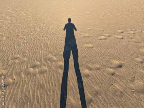 Fototapeta Naklejka Na Ścianę i Meble -  Shadow of a man on the beach with sand dunes in the background