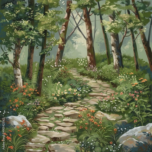 A stone path winds through a lush forest, inviting you to explore its secrets.