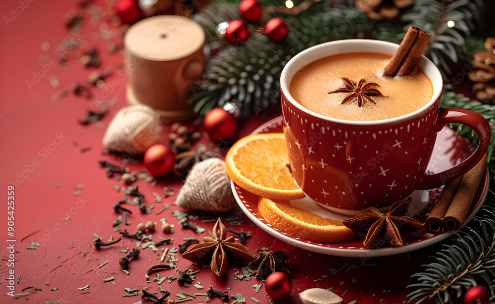 A steaming cup of aromatic Christmas tea with cinnamon sticks, star anise, and orange slices on a festive red background. A steaming cup of aromatic Christmas tea with cinnamon sticks, star anise, and orange slices on a festive red background.