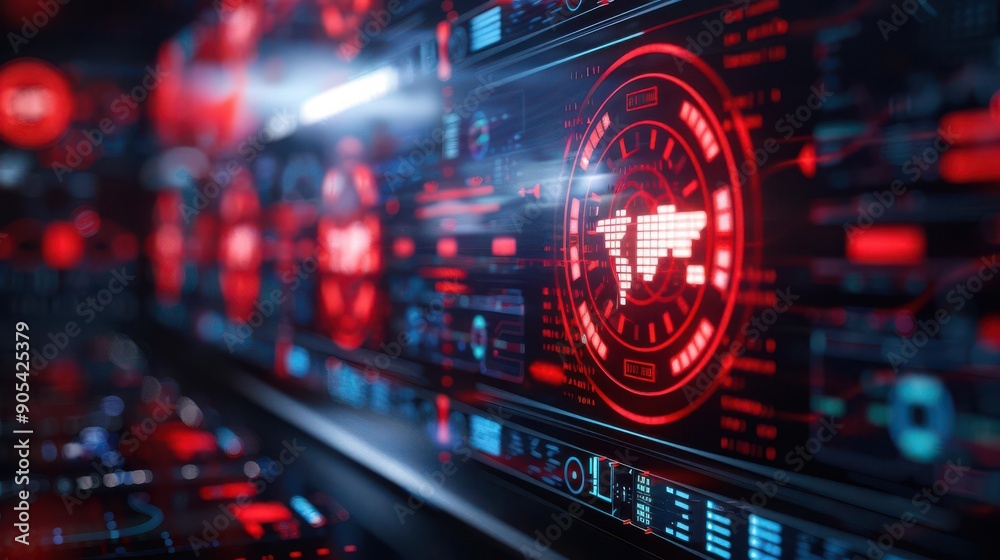 Cyber attack alert, dynamic red holographic signs, futuristic data security, dark control room Cyber attack alert, dynamic red holographic signs, futuristic data security, dark control room