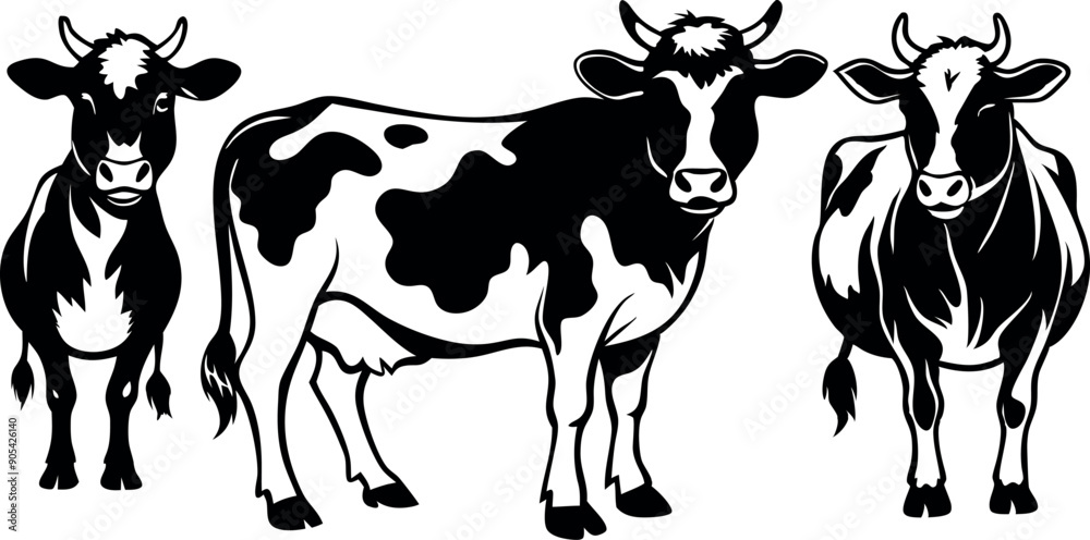 Three cows standing in a row, one of which has a white spot on its back. The cows are black and white, Three cows standing in a row, one of which has a white spot on its back. The cows are black and white,