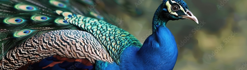 Fototapeta premium Realistic peacock with vibrant feathers Model illustration, Closeup, noblur