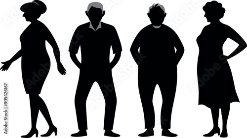 Four silhouettes of people, two men and two women, are standing in a line. The silhouettes are all different sizes and are all facing the same direction.
