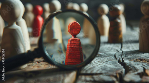 Business. Recruitment. Magnifying glass looks at red wooden model of person in crowd of other wooden models. photo