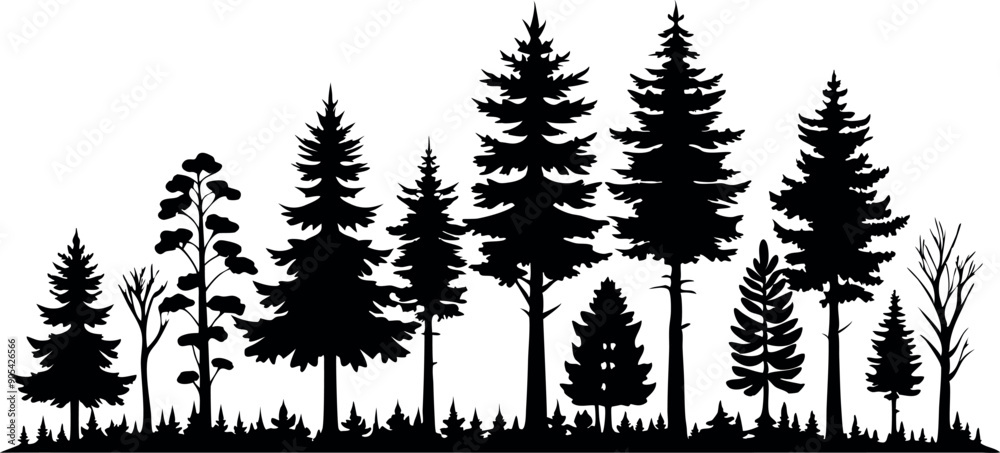 Fototapeta premium A row of trees with some of them bare. The trees are all black and the background is white