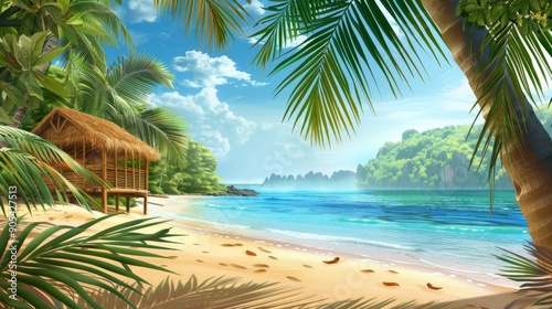 Beach with a bamboo hut and palm leaves near the shore. generative ai
