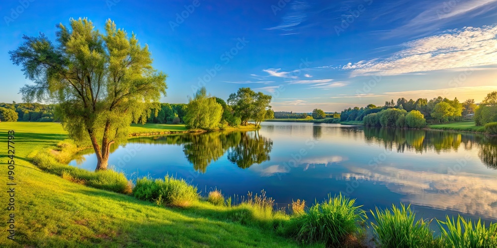 Obraz premium Beautiful morning scenery with lake, green grass, blue sky, and trees, scenic, nature, landscape, peaceful, tranquil