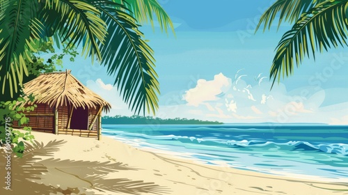 Beach with a bamboo hut and palm leaves near the shore. generative ai