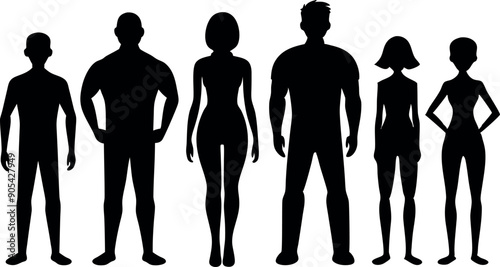 A group of six silhouettes of people standing in a row. The silhouettes are of a man, a woman, and a child