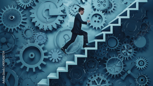 Wallpaper Mural Best practices development: Businessman running up stairs on cogwheel gears system, illustrating strategy to success and improvement, planning, progress, and implementation process. Torontodigital.ca