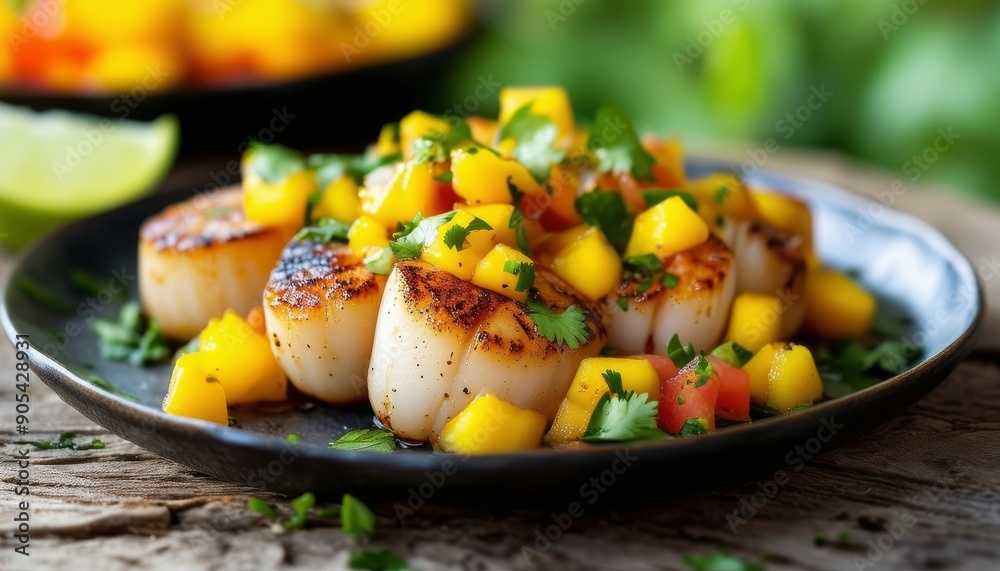 Vieiras a la plancha con salsa de mango y cilantro en un plato negro sobre una mesa de madera. Vieiras a la plancha con salsa de mango y cilantro en un plato negro sobre una mesa de madera.