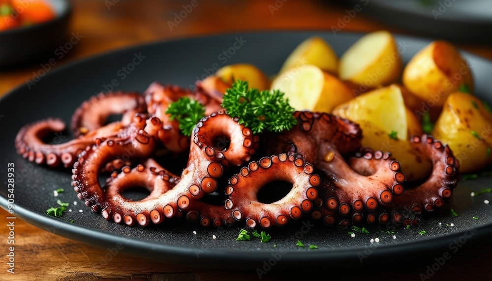 Pulpo a la parrilla con papas asadas y perejil fresco en un plato negro. Pulpo a la parrilla con papas asadas y perejil fresco en un plato negro.