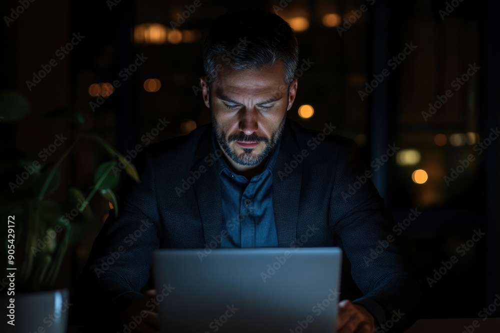 A focused man in a suit works late at night on a laptop, illuminated by the screen, with a cozy ambiance created by blurred city lights in the background A focused man in a suit works late at night on a laptop, illuminated by the screen, with a cozy ambiance created by blurred city lights in the background