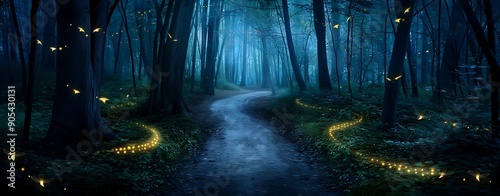 A semi close-up watercolor style picture of an enchanted forest path with glowing fireflies,  more clarity with clear light and sharp focus, high detailed photo