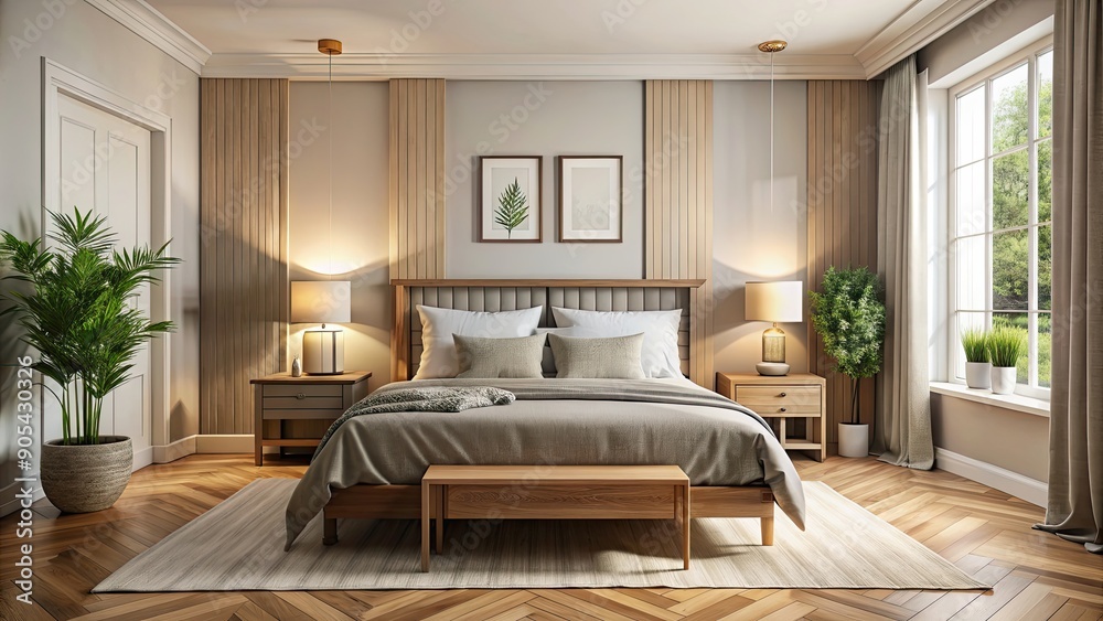 Fototapeta premium Bedroom with cozy bed , bedroom, cozy, comfortable, sleep, relaxation, interior, home, decor, furniture, stylish, contemporary