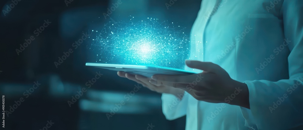 A person holds a glowing tablet with a floating light effect, suggesting advanced technology or magical elements in a dark setting A person holds a glowing tablet with a floating light effect, suggesting advanced technology or magical elements in a dark setting