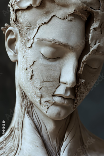 White Sculpture featuring a human figure decaying and with a sad expression. 