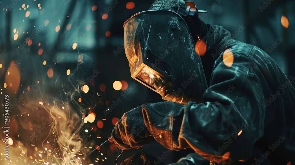 Welder at Work in a Dark Industrial Setting Welder at Work in a Dark Industrial Setting