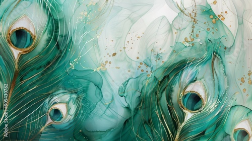 A mesmerizing and stunning abstract design featuring beautiful peacock feather motifs in rich teal and gold hues