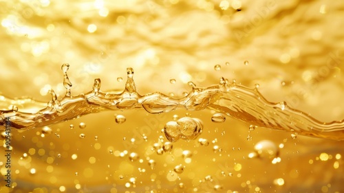 blurred transparent yellow colored water surface texture with splashes and bubbles, trendy abstract background