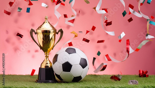 Soccer Ball, Trophy, and Confetti Celebration photo