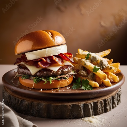 A Gourmet Burger With Truffle Fries A Restaurant Food Menu Image