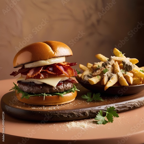 A Gourmet Burger With Truffle Fries A Restaurant Food Menu Image