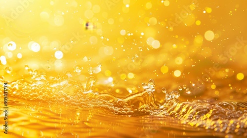 blurred transparent yellow colored water surface texture with splashes and bubbles, trendy abstract background