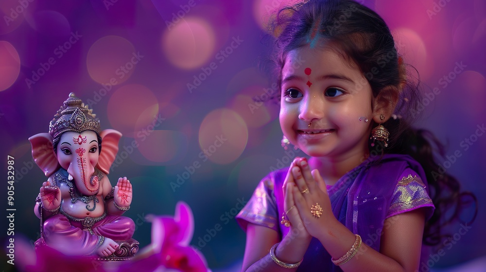 A happy girl in a purple dress is holding a Ganesha figurine, her face glowing with joy and reverence.