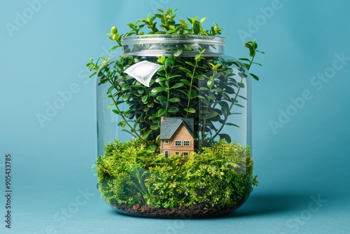 Green technology in urban housing displayed through a miniature house in a terrarium, emphasizing sustainability