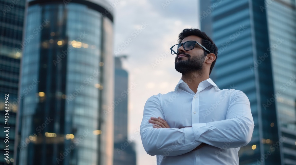 Confident man standing in a modern urban setting, arms crossed, gazing thoughtfully at the city skyline, embodying ambition and professionalism. Confident man standing in a modern urban setting, arms crossed, gazing thoughtfully at the city skyline, embodying ambition and professionalism.