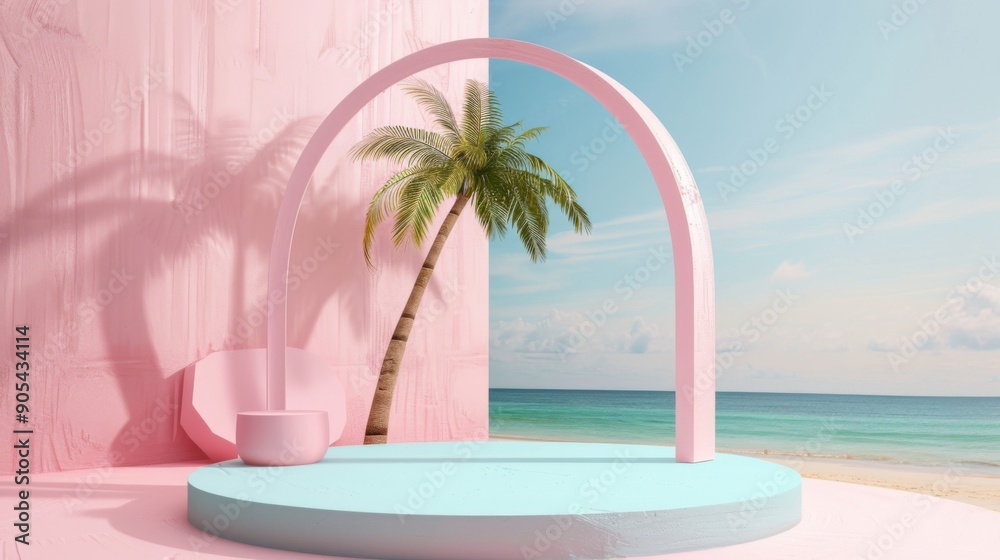 3d render of Abstract minimal display podium for showing products or cosmetic presentation with summer beach scene. Summer time