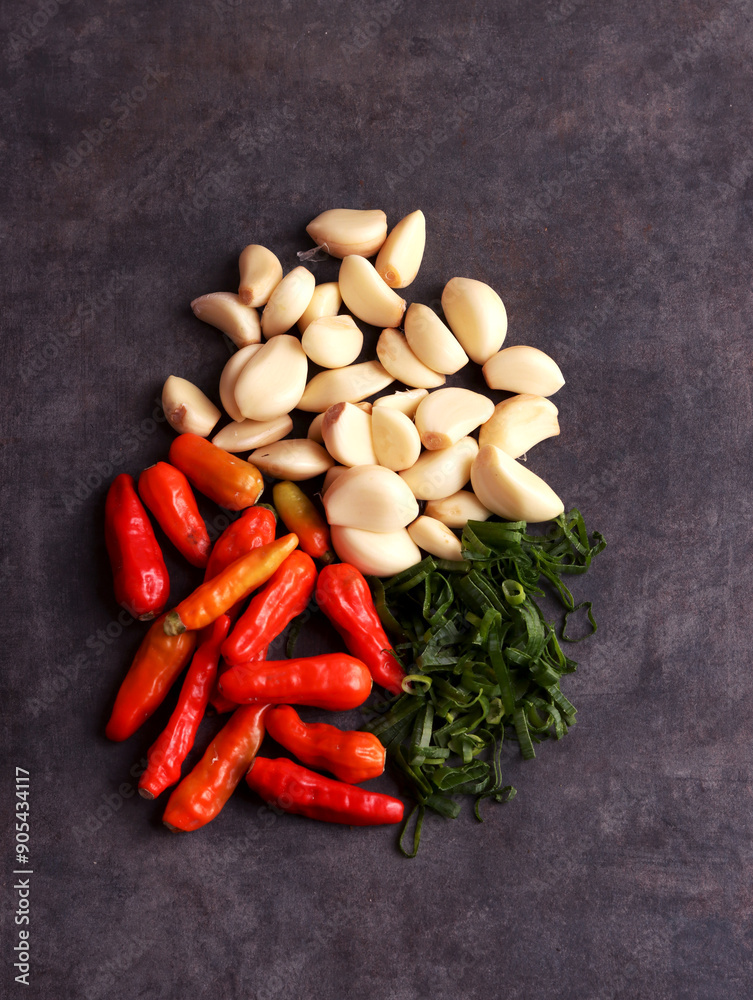 spicy garlic chili leek onion leaf kitchen recipe ingredient diet food flavor condiment background 
