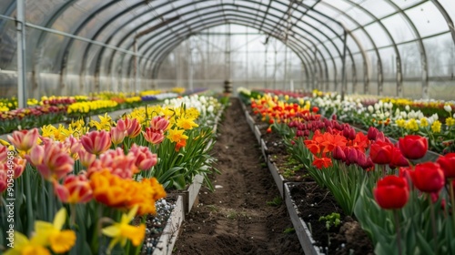 A greenhouse filled with colorful tulips and various flowers, showcasing bright blooms during early spring. © Prostock-studio