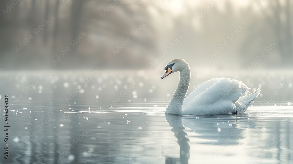 Fototapeta premium Graceful white swan is gliding through the tranquil waters of a misty lake, illuminated by the soft golden light of the rising sun