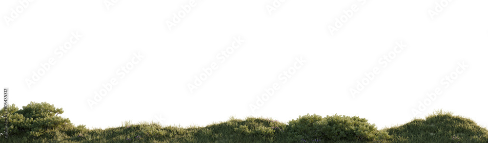Fototapeta premium Tranquil Countryside Meadow with Lush Greenery and Wildflowers at Golden Hour. 3D render. 