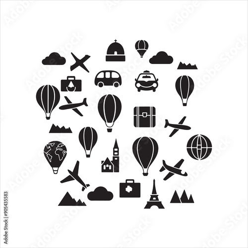 black silhouette Tour and travel outline icon set vector illustration