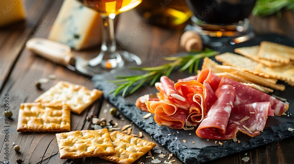Crackers with cheese and ham served on a rustic table with paper art Crackers with cheese and ham served on a rustic table with paper art