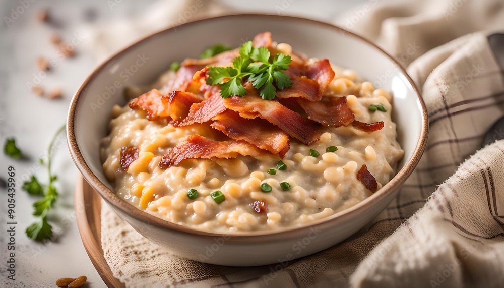 Homemade Cheesy Bacon Savory Oatmeal Bowl on cloth, low angle view.
Homemade Cheesy Bacon Savory Oatmeal Bowl on cloth, low angle view.