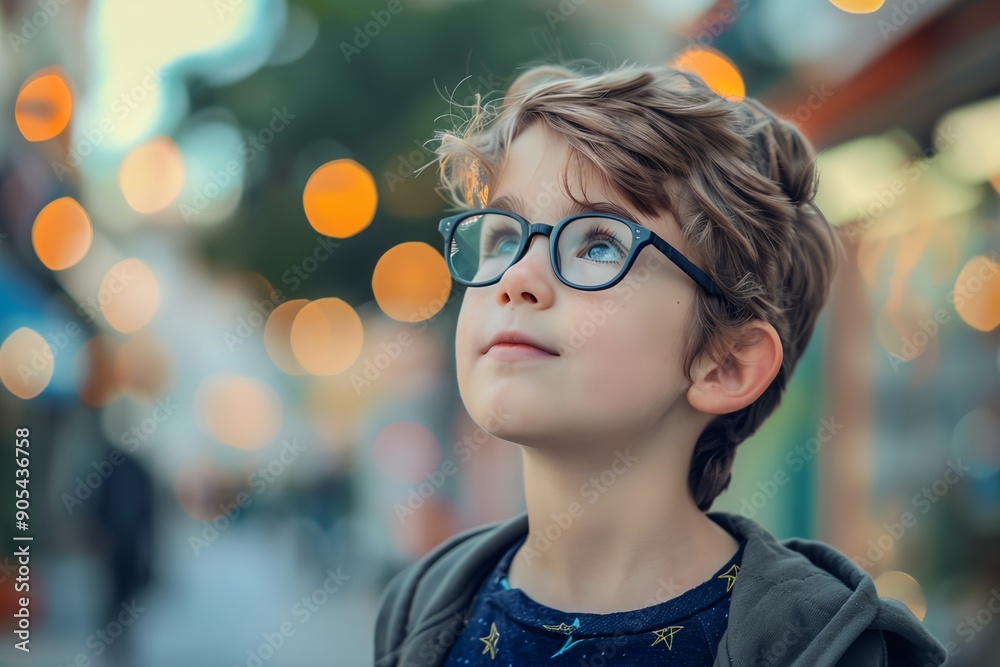 A young boy wearing glasses is looking up at the sky. The scene is set in a city with a few people walking around. The boy's gaze is focused on something in the distance, and he is lost in thought A young boy wearing glasses is looking up at the sky. The scene is set in a city with a few people walking around. The boy's gaze is focused on something in the distance, and he is lost in thought