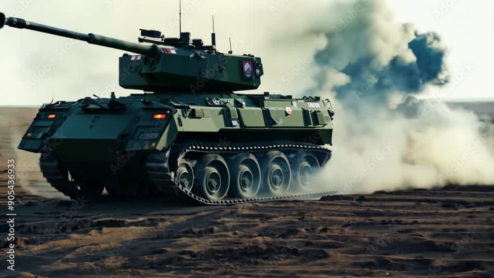 A generic military armored vehicle crosses minefields and smoke in the desert on a wide poster design that includes copy space. A generic military armored vehicle crosses minefields and smoke in the desert on a wide poster design that includes copy space.